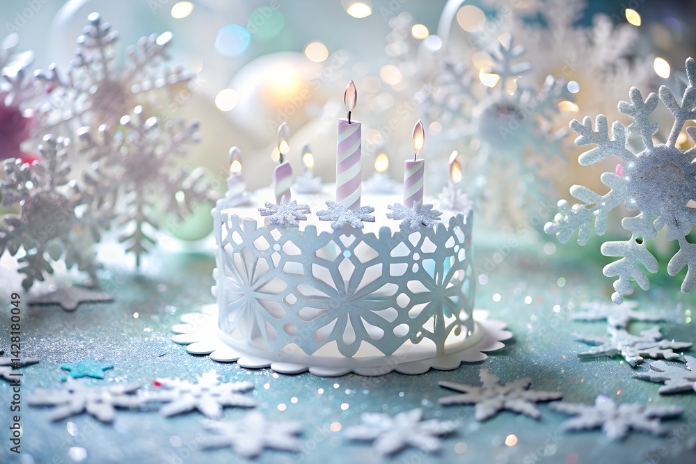 Elegant Snowflake Winter Cake with Candles and Frosty Decorations