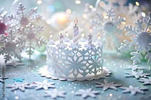 Obraz na płótnie Elegant Snowflake Winter Cake with Candles and Frosty Decorations w salonie