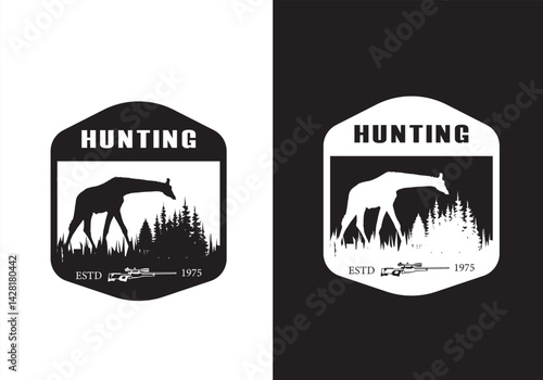 Vintage Deer Hunting Badge Logo with Forest Silhouette