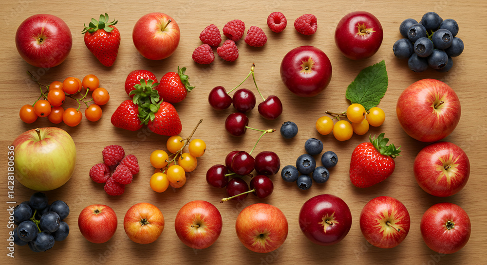 Flat Lay Of Rosaceae Family Fruits On A Wooden Table Flat Lay Of Rosaceae Family Fruits On A Wooden Table