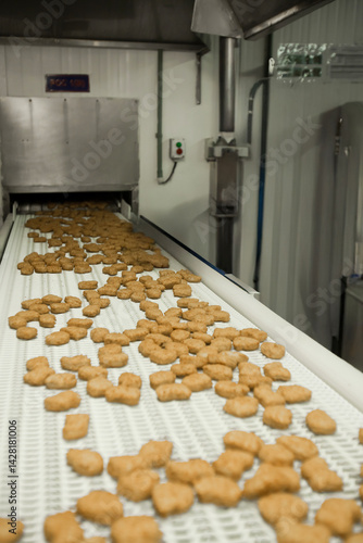 Breaded chicken production line in food factory  automated conveyor belt system in industrial food processing plant