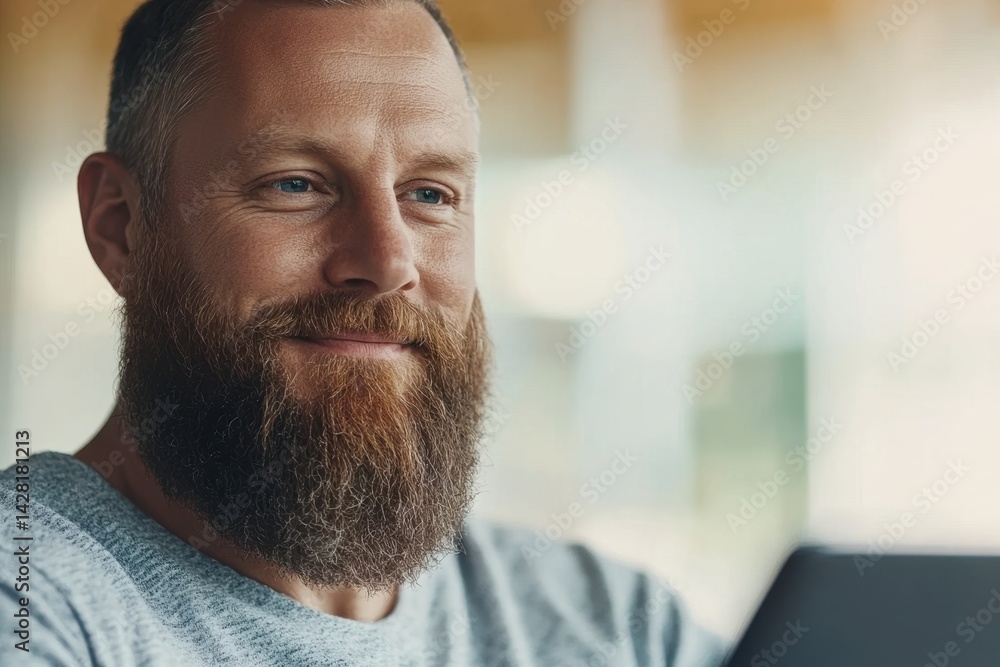 Obraz premium Bearded Man Smiling Indoors with Casual Attire and Natural Lighting.