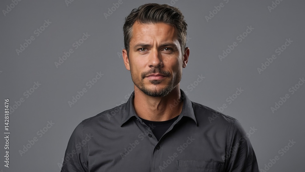 Obraz premium Confident male tech worker stands confidently against plain gray backdrop