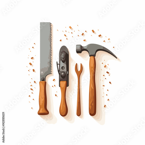 Vintage woodworking tools collection on white workbench, craftsmanship