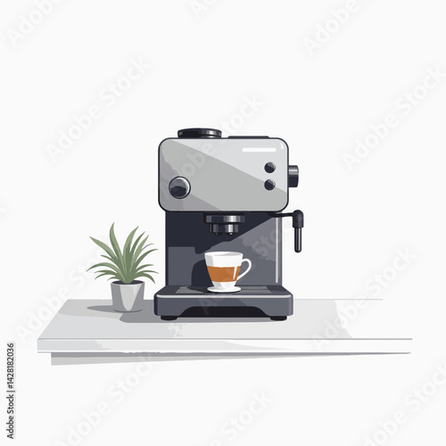 Sleek coffee machine brewing coffee on minimalistic kitchen counter, modernity
