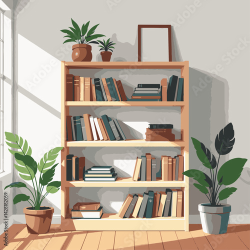 Modern bookshelf with colorful books in cozy living room, functionality