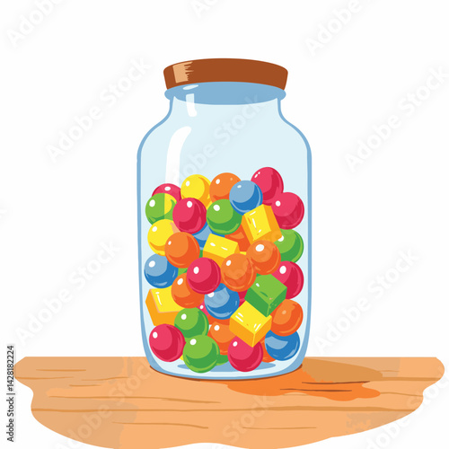 Colorful candies in a glass jar on wooden table, sweet delight
