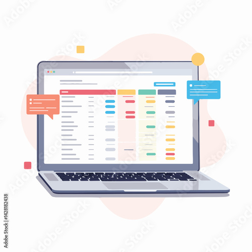 Modern laptop displaying colorful spreadsheet on white background, productivity