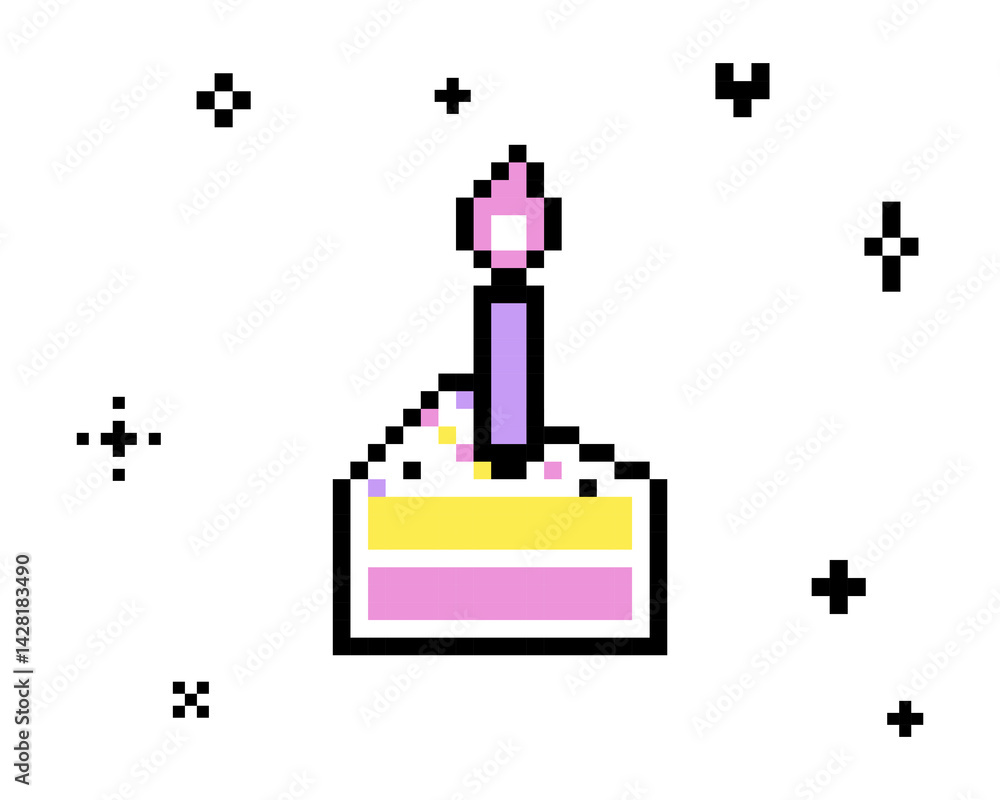 Y2k inspired piece of birthday cake icon. Pixel art. Birthday cake with one candle emoji. Game abstract sticker for poster, collage, party, birthday card. Vector illustration. Game abstract element Y2k inspired piece of birthday cake icon. Pixel art. Birthday cake with one candle emoji. Game abstract sticker for poster, collage, party, birthday card. Vector illustration. Game abstract element