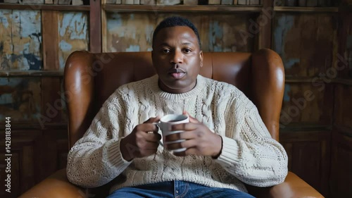 Celebrate Fathers Day with this image of a man sitting in a chair, sipping a cup of coffee. Perfect for lifestyle or family-related content.