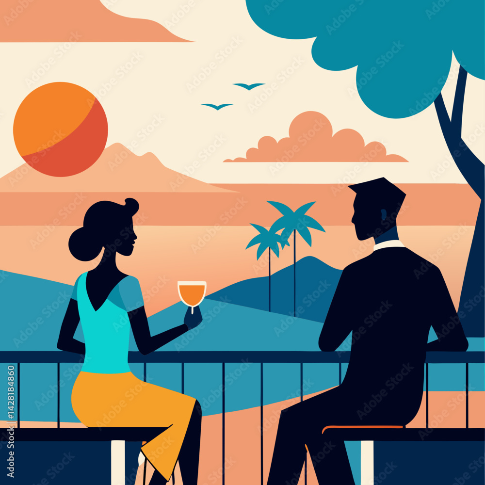 Vector art illustration of a boy and girl engaged in conversation on a balcony Vector art illustration of a boy and girl engaged in conversation on a balcony