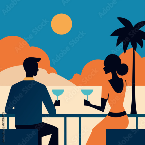 Vector art illustration of a boy and girl engaged in conversation on a balcony