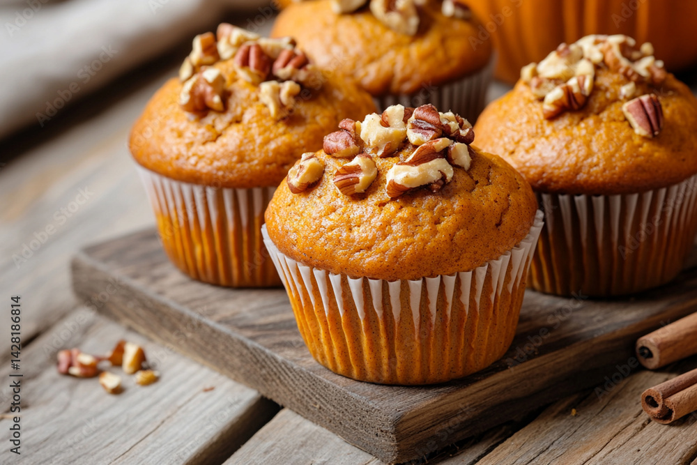 Soft pumpkin muffins with nuts and cinnamon exuding the aroma of autumn, against the background of warm wooden boards Soft pumpkin muffins with nuts and cinnamon exuding the aroma of autumn, against the background of warm wooden boards