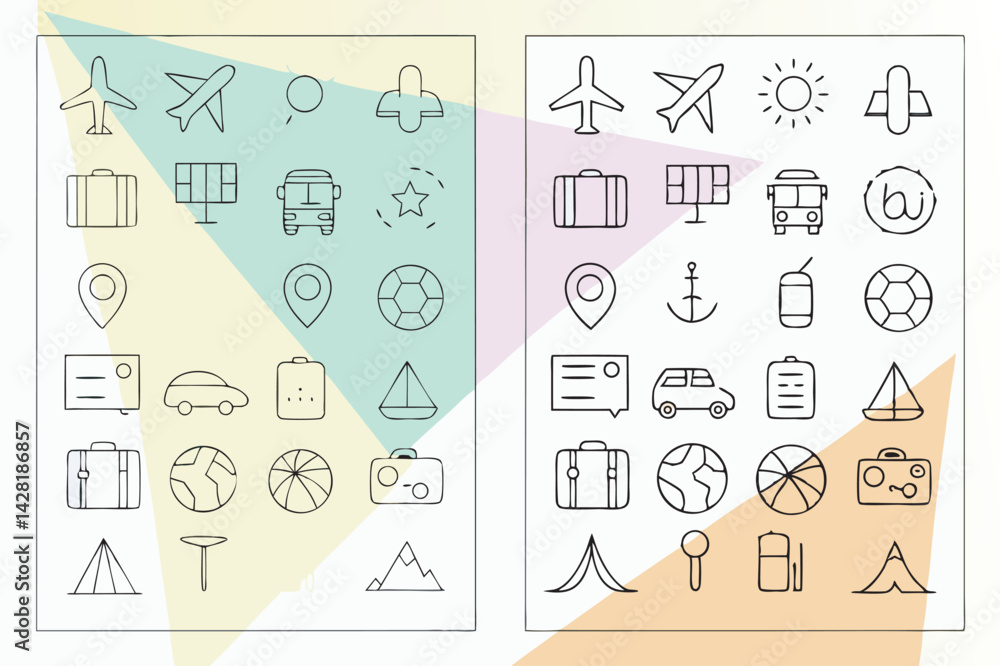 Hand drawn travel and vacation icons vector set on colored background Hand drawn travel and vacation icons vector set on colored background