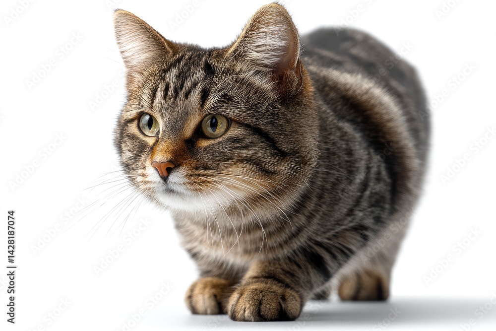 Obraz premium Tabby Cat Crouching on White Background