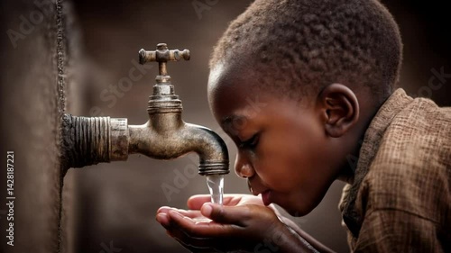 African Child Drinking Clean Water from a Tap Thirst Relief