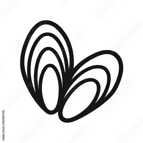 Black and white icon of stylized open mussel shells with minimal curved line design