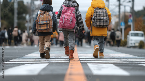 Close-up of schoolchildren safely crossing the street at a marked pedestrian crossing on their way to school.