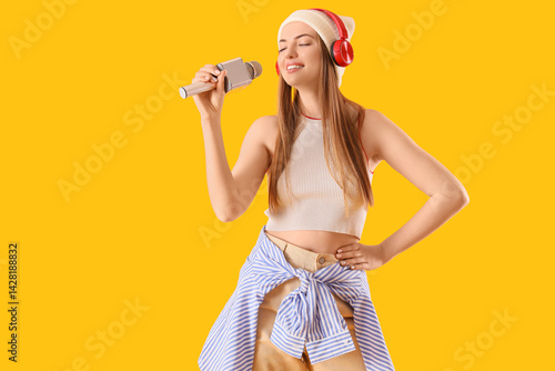 Young woman with microphone...
