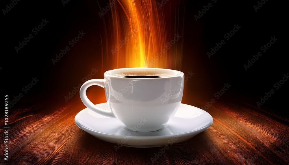 White Cup of Coffee on Saucer with Orange Light Streaks White Cup of Coffee on Saucer with Orange Light Streaks