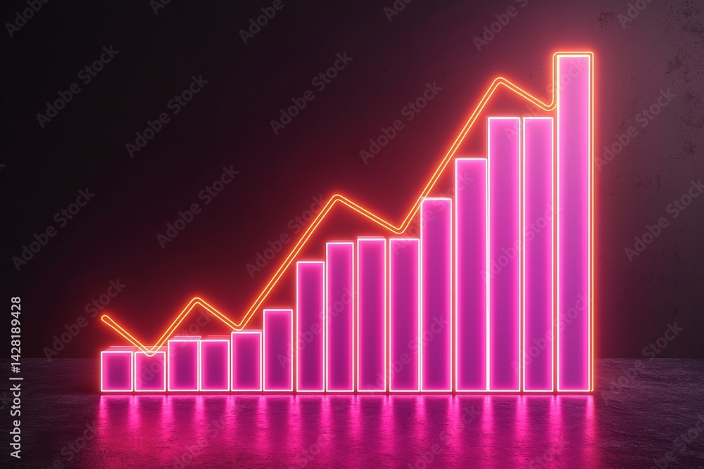 Neon pink bar graph with upward trend against a dark background. Neon pink bar graph with upward trend against a dark background.