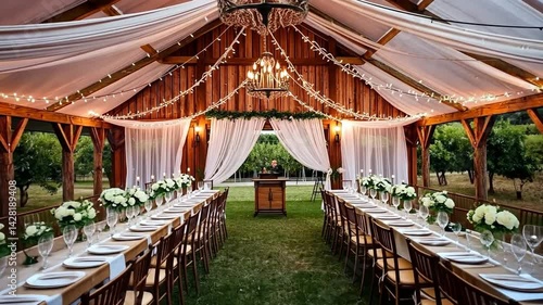 Outdoor Wedding Reception Venue with Elegant Decorations and Beautiful Floral Arrangements