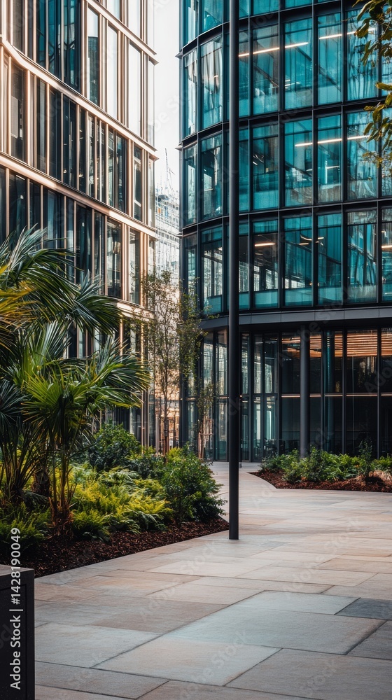 Obraz premium A modern office courtyard with lush greenery and sleek glass architecture. The interplay of nature and design creates a refreshing workspace. Urban serenity defined. Generative AI