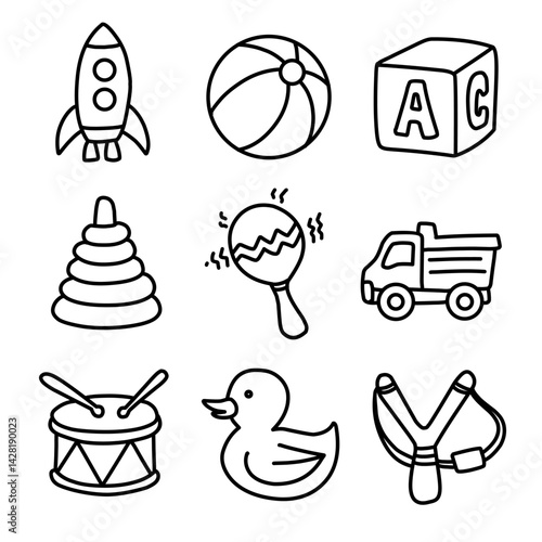 Hand Drawn Cute Kids Toys Doodle Icons Set