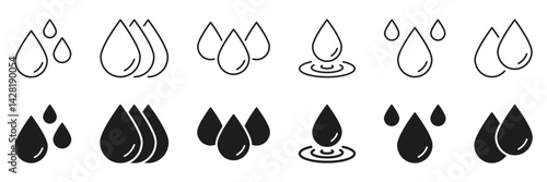 Water Droplet Line And Solid Icon Set. Hydration, Purity, And Fluidity Outline And Silhouette Symbol Collection. Essential For Water Conservation. Isolated Vector Illustration