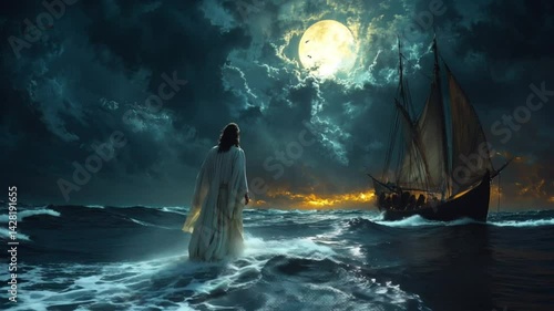 Jesus Christ Walking on Water Dramatic Night Scene Faith Spirituality Religious Art