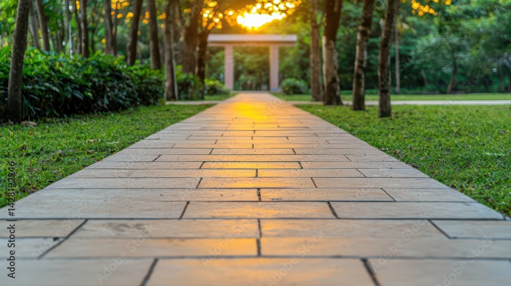 Obraz premium Serene Pathway Leading to Archway Under Soft Sunset Light