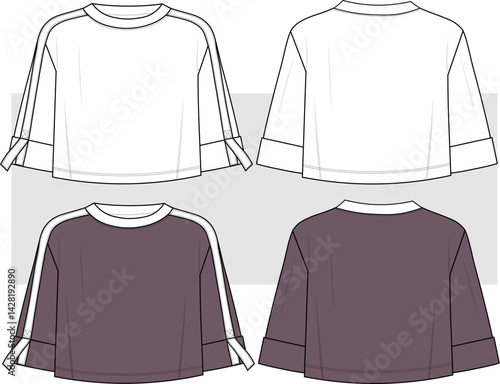 Oversize cropped T-shirt set drawing illustration. technical Sketch fashion Flat Template With Round neckline, elbow sleeves, oversized. Front and back view. Unisex T-Shirt fashion CAD, mockup.	