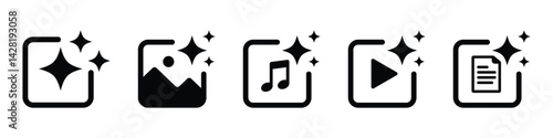 AI icon set. Buttons for generate media files image, video, audio and text with artificial intelligence. icons for app, website and user interface. Transparent PNG and vector illustration.