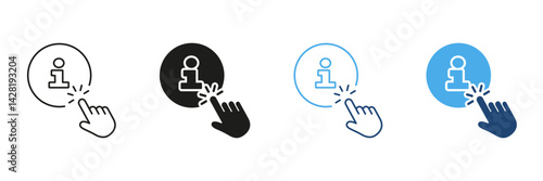 Hand Clicking Information Icon Set. Interactive Help And Support Outline And Silhouette Symbol Collection. User Assistance And Guidance Interface. Isolated Vector Illustration