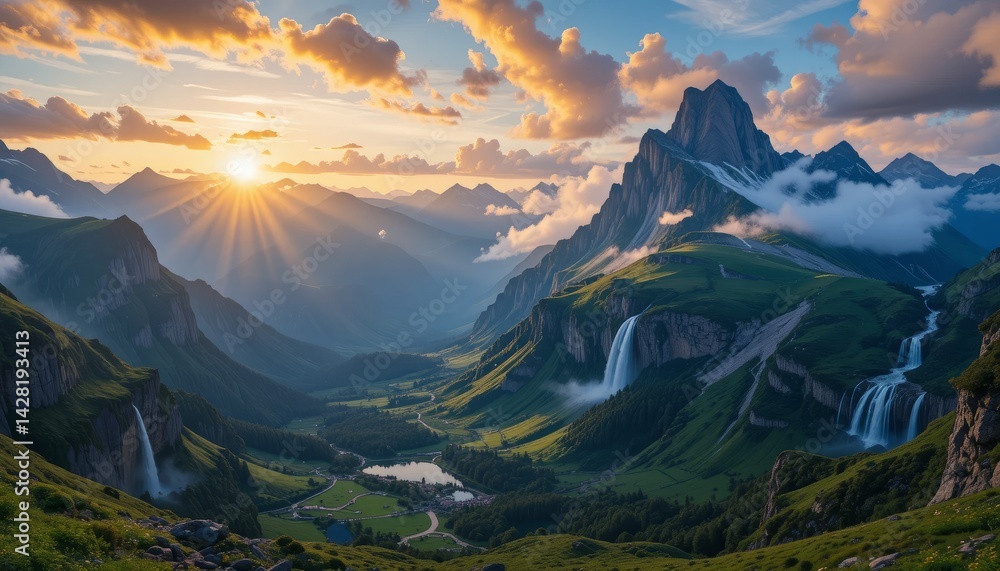 Obraz premium Majestic Mountain Valley Sunset Landscape with Waterfalls