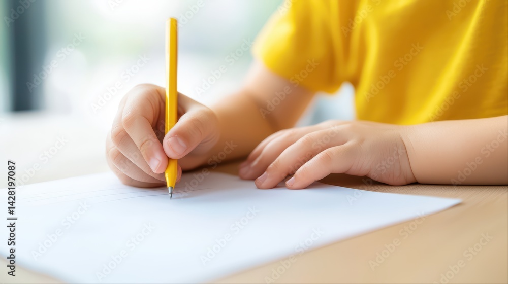 Child Hand Writing with Yellow Pencil on Blank Paper in Sunny Room Child Hand Writing with Yellow Pencil on Blank Paper in Sunny Room