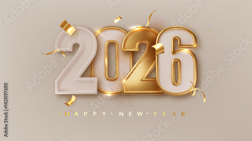 2026 New year. Holiday Banner with Numbers Date 2026 and Christmas decoration confetti. Holiday greeting card design.