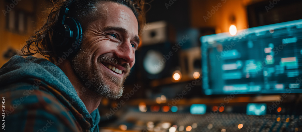 Music producer smiling while working in a recording studio Music producer smiling while working in a recording studio