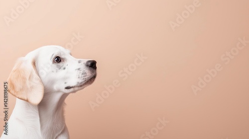 Close-up portrait of a white dog, specifically a labrador retriever. the dog is facing towards the right side of the image, with its head turned slightly to the left.