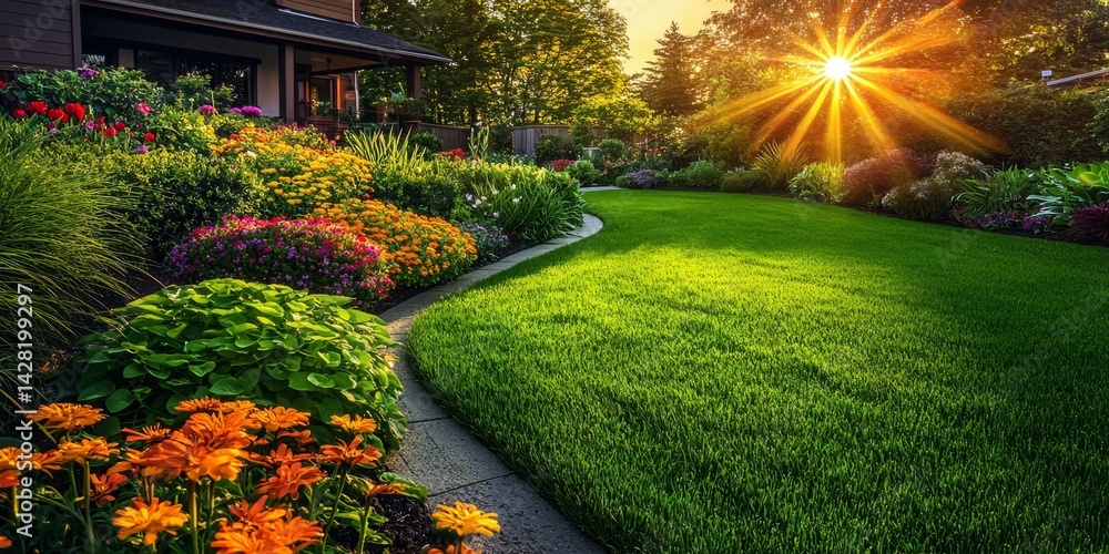 Fototapeta premium A Stunning Home Garden Featuring a Lush Green Lawn and Vibrant Flowers