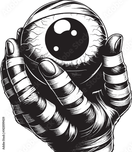 An imaginative depiction of a detailed eye encapsulated in a hand wrapped with bandages, invoking themes of visual perception, surrealism, creativity, and the intricate connection between identity and