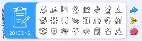 Water drop, Quick tips and Timeline line icons. Interest rate, AI generate, Inflation icons. Pack of Organic tested, Graph chart, Vaccine report icon. Vector