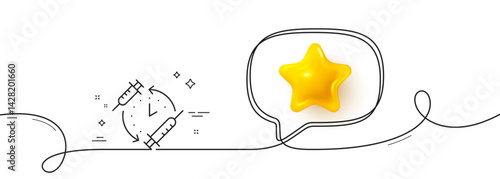Vaccination schedule line icon. Continuous line with 3d star. Vaccine syringe sign. Second injection time symbol. 3d star in speech bubble. Vaccination schedule single line ribbon. Vector