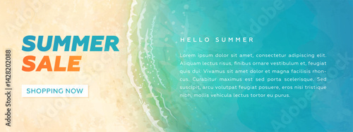 Summer sale horizontal banner. Vector beautiful realistic top view illustration of sandy summer beach. Hello summer wallpaper, billboard, flyer. Discount advertisement background