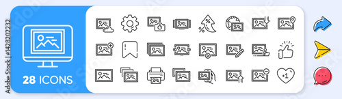 Photo line icons. Interest rate, AI generate, Inflation icons. Print image, Photo camera, Upload picture icons. Edit image, Play presentation and photo printer. Vector