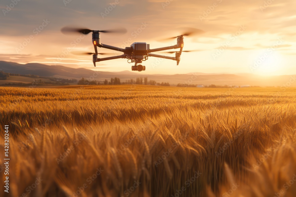 Fototapeta premium Drone over golden wheat field sunrise