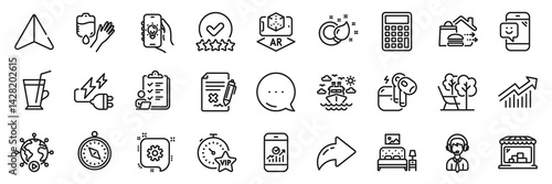 Paint brush, Reject file and Market line icons pack. Share, Message, Paper plane icons. Rating stars, Cogwheel, Furniture web icon. Vector