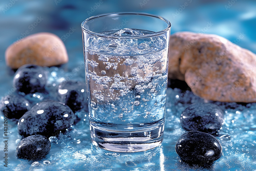 Clear Glass of Sparkling Water with Stones on a Reflective Surface - Tranquility and Refreshment Clear Glass of Sparkling Water with Stones on a Reflective Surface - Tranquility and Refreshment