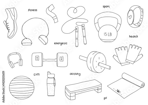 Sports and fitness equipment. Dumbbells, spander, yoga mat, fitness watches and more. Set of items for exercise. Line art, doodle style. Vector