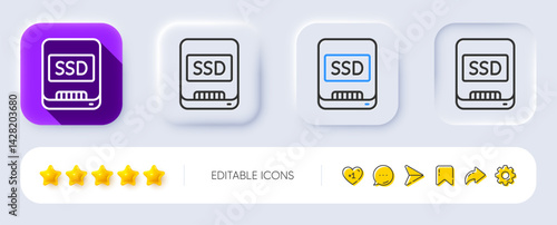 Ssd line icon. Neumorphic, Flat shadow, 3d buttons. Computer memory component sign. Data storage symbol. Line ssd icon. Social media icons. Vector